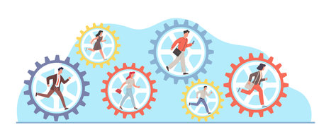 Teamwork concept, businessmen running inside machine gears. Male and female characters cooperation and collaboration, working together. Cartoon flat isolated vector partnership illustrationのイラスト素材