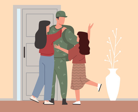Wife and daughter with joy meet father of soldier returned from war or army. Warfare action serviceman is back home. Smiling military man. Cartoon flat style illustration. Vector conceptのイラスト素材