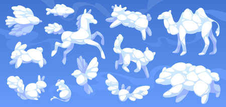 Animal shaped clouds. White cumulus clouds on blue sky, kid imagination and dreams, fluffy fauna silhouettes, rabbit, cat and mouse, abstract camel, bird and bear. Tidy vector isolated setのイラスト素材