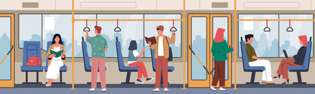 Bus passengers. People travel by public transport, men and women sit and stand. Citizens holding on to handrails, read books. City auto cartoon flat style isolated nowaday vector conceptのイラスト素材
