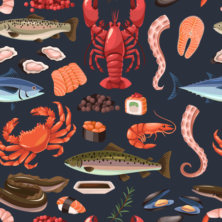 Cartoon sea food seamless pattern. Fresh restaurant delicacies, restaurant menu product fish, caviar, shrimp and lobster. Decor textile, wrapping paper, wallpaper design. Tidy vectorのイラスト素材