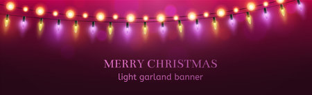 Christmas banner. Colorful light garlands. Xmas horizontal background. Realistic bulbs, holiday...