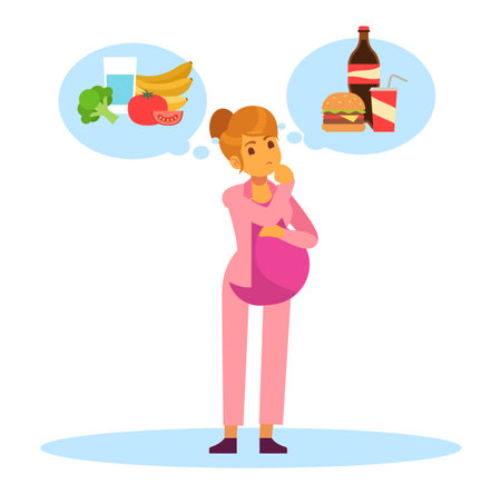 Pregnant woman chooses between healthy and unhealthy foods. Girl think about junk meal snacks, good choice of calories during pregnancy. Cartoon flat style isolated vector conceptのイラスト素材