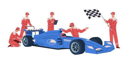 Racing car on pit stop. Professional mechanics quickly change bolide wheels, technical service, automobile repair. Maintenance technicians and engineers. Cartoon flat nowaday vector conceptのイラスト素材