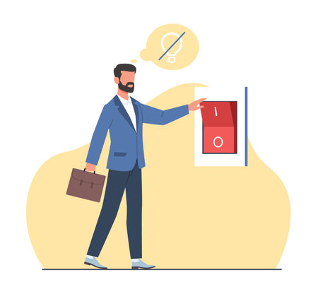 Saving electricity, man turns off circuit breaker. Business man press switch light. Lowering utility bills. Ecology lifestyle. Cartoon flat illustration. Vector conservation conceptのイラスト素材