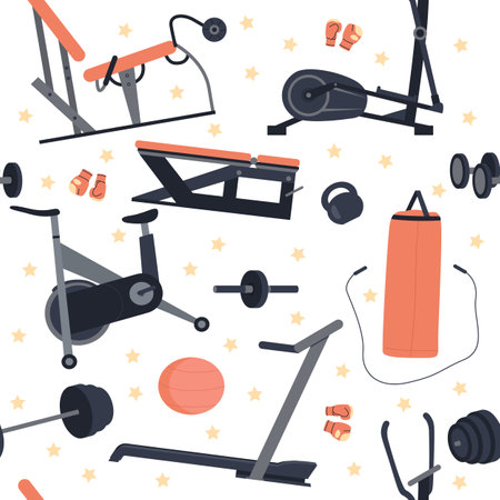 Seamless pattern with sports trainers. Different training apparatus. Decor textile, wrapping paper, wallpaper design. Print for fabric, cartoon flat style isolated vector conceptのイラスト素材