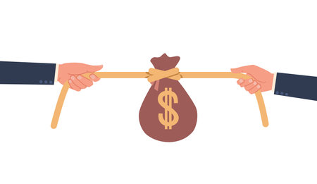 Two businessmen pulling rope with money on them, concept of rivalry, employee competition, conflict on workplace. Colleagues battle. Company fight. Cartoon flat isolated vector illustrationのイラスト素材