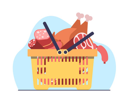 Basket filled with different kinds of meat products chops, sausages, bacon, ham and chicken. Butcher shop assortment. Supermarket products. Cartoon flat style isolated vector conceptのイラスト素材