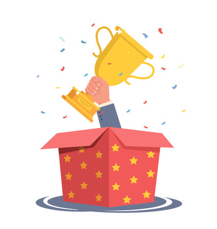Hand with gold cup sticks out of open red gift box with golden stars, falling confetti on background, competition winner award, surprise present cartoon flat style isolated vector conceptのイラスト素材