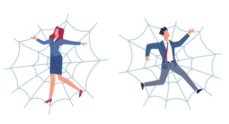 Man and woman tangled in web. Business people stuck in cobweb, Difficult hopeless situation. Crisis in life and at work. Panic male and female character. Cartoon flat isolated vector conceptのイラスト素材