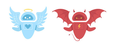 Angel robot with halo and devil cyborg with horns. Artificial intelligence. Cute mascot, positive and negative future technology. Cartoon flat isolated illustration. Vector ai risks conceptのイラスト素材