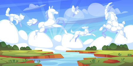 Animal clouds landscape. Summer nature background, sky with white cumulus clouds, cloudscape various fabulous fauna shapes, river and field. Cartoon flat illustration, tidy vector conceptのイラスト素材