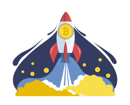Cryptocurrency price rise concept, bitcoin gold coin rocket takes off. Stock exchange business finance investment. Value metaphor. Digital currency vector cartoon flat isolated illustrationのイラスト素材