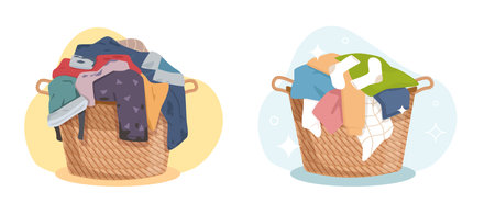 Dirty and clean clothes, washed laundry in hamper. Apparel heap with stains and fresh in baskets. Messy fabric cotton t-shirts and socks. Cartoon flat style isolated vector conceptのイラスト素材