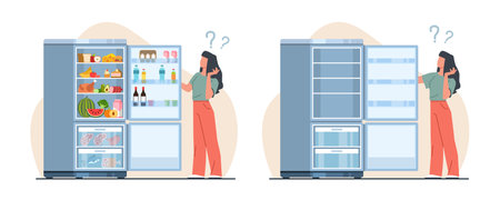 Girl stands by refrigerator full and empty. Female character looking in open fridge. Different products water, milk, fruit and vegetable, cartoon flat style isolated vector conceptのイラスト素材