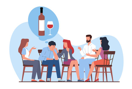 Group therapy in Alcoholics Anonymous club. Support for addicted people. Psychotherapist with alcoholics. Discussing problems on meeting. Cartoon flat style isolated vector conceptのイラスト素材