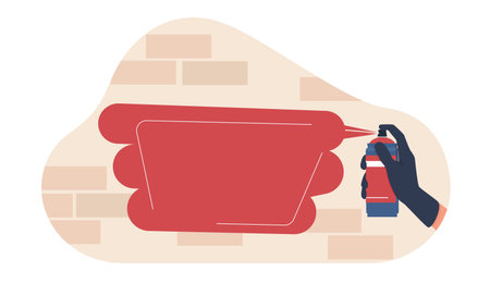 Hand holds can of graffiti paint and sprays it on brick wall. Poster template with copy space. Drawing process. Modern grunge street art. Cartoon flat style isolated vector conceptのイラスト素材