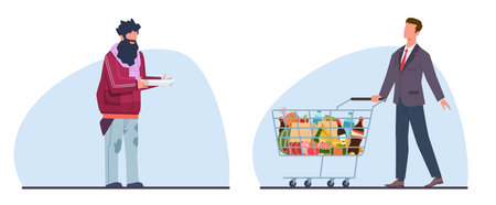Hungry poor beggar and rich man with cart full of food. Contrast in social economic classes, Socialclass inequality, donation and charity. Cartoon flat style isolated vector conceptのイラスト素材