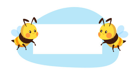 Joyful bees hold up white empty signboard. Cute pretty striped insect with banner. Poster with copy space. Bumblebee and beekeeper. Honey packaging. Cartoon flat isolated vector conceptのイラスト素材