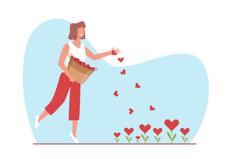 Joyful girl sows hearts as symbol of love and peace, hope and care. Adorable woman with basket. Romantic happy emotion. Red blossoms growing. Cartoon flat style isolated vector conceptのイラスト素材