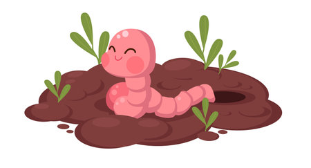 Little worm crawled out of hole in ground. Cute earthworm with growth plant, funny mascot, soil...
