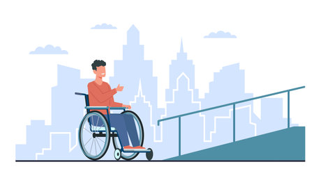 Man in wheelchair rejoices at presence of ramp. Comfortable urban environment for disability people. Accessibility and inclusivity. Access building cartoon flat isolated vector conceptのイラスト素材