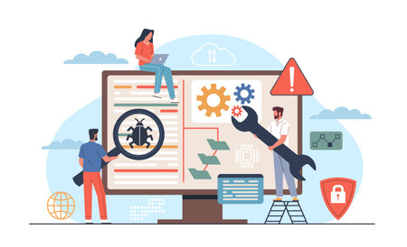 Mobile application testers. Finding and correcting errors in software, checking for bugs and artifacts, teamwork, tiny people and huge screen, nowaday vector web development conceptのイラスト素材