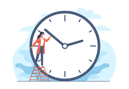 Concept of changing to summer or winter time, woman changes hand of clock. Wintertime and summertime setting. Clock to one hour back or forward. Vector cartoon flat isolated illustrationのイラスト素材