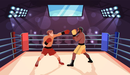 Boxing people. Fighters characters at ring, professional athletes in sparring, strong men in combat sport, Muscular men in sparring on championship tidy vector cartoon flat isolated conceptのイラスト素材