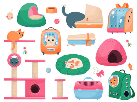 Cats accessories. Cute animals with beds toys and carriers, different devices for pets, transportation, bags and backpacks, care and play, pet shop. Vector cartoon flat isolated illustration setのイラスト素材