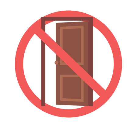 Keep Door Closed sign. Notice label. Warning red prohibition symbol, caution emblem design. Room entrance. Forbidden poster. Rules banner. Cartoon flat style isolated vector conceptのイラスト素材