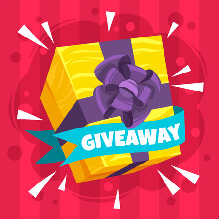 Giveaway poster. Winner gift and ribbon with letters. Lottery and shop promotional web or social media banner. Shopping square card. Promo for customers vector cartoon flat isolated illustrationのイラスト素材