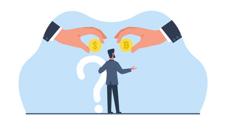 Man chooses between an offered dollar and bitcoin. Cryptocurrency and traditional money. Businessman making decision. Difficult choice. Cartoon flat isolated vector financial conceptのイラスト素材