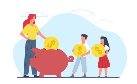 Teaching family budget planning, mother and children putting coins in piggy bank. Parents savings funds, family banking and investment. Cartoon flat style isolated vector finance conceptのイラスト素材