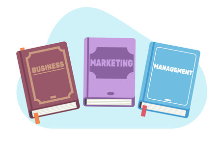 Books on marketing, business and management. Corporate specialized training. Economic education at university or college. Notebook covers. Cartoon flat isolated illustration. Vector conceptのイラスト素材