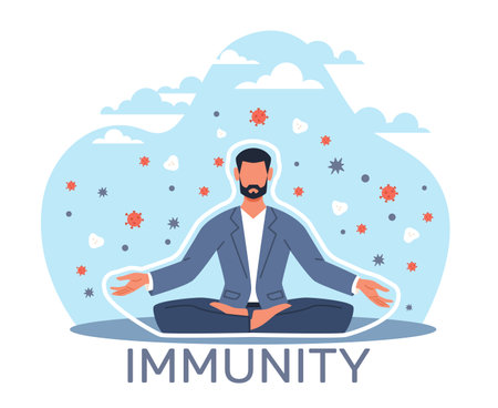 Concept of healthy lifestyle and strong immunity. Man sitting in meditation lotus position in protective bubble. Force shield, bacterium and viruses around. Vector cartoon flat illustrationのイラスト素材