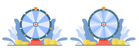 Spinning wheel of fortune, roulette machine game of chance with cash prizes. Online casino or lottery equipment. Gamble object. Stack of golden coins cartoon flat isolated vector conceptのイラスト素材