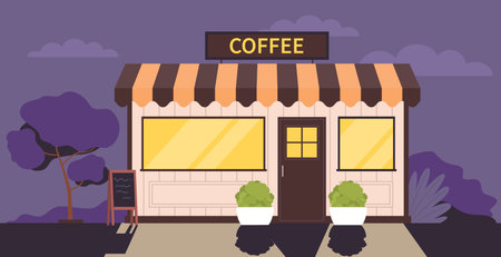Street cafe with coffee and snacks at night time. Restaurant or shop architecture building front view. Facade with door and windows. Evening time. Cartoon flat isolated vector conceptのイラスト素材