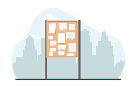 Various ads on bulletin board against background of city buildings. Wooden signboard and empty paper memo. Street advertisement or information signpost. Flat isolated vector conceptのイラスト素材