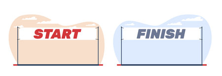 Start and finish banners. Flags for marathon or racing, triathlon and skiing competition. Equipment for sportsground and stadium. Racetrack pennant. Cartoon flat isolated vector conceptのイラスト素材