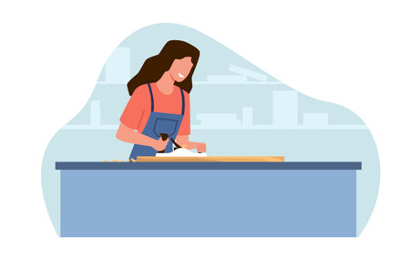 Woman uses planer to work on wooden planks. Female craftsman carpenter in overall carving on wood. Joiner with construction equipment making furniture cartoon flat isolated vector conceptのイラスト素材