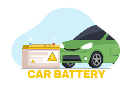 Car battery. Electric automobile. Accumulator energy power and electricity accumulator. Eco friendly vehicle. Modern technology and environment care. Cartoon flat isolated vector conceptのイラスト素材