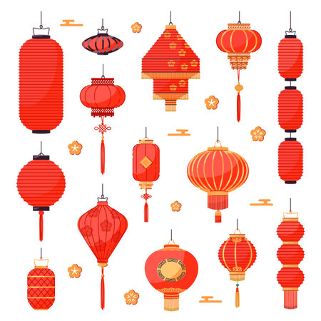 Decorative chinese red lanterns. Tradition asian festival lights, holiday paper lamps, festive street suspended lightening, golden floral ornament, cartoon flat isolated vector setのイラスト素材