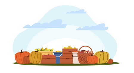 Fall harvest, baskets and boxes of vegetables and harvested fruit. Farm and forest ecological natural fresh food. Local organic products. Cartoon flat isolated vector agriculture conceptのイラスト素材