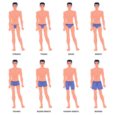 Men underwear on body set. Different types male underpants, popular models presentation, front view, everyday clothes elements, strings, thong and bikini. Briefs and boxers. Vector conceptのイラスト素材