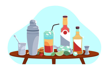 Ingredients to make delicious cocktail on table. Ice cubes and lime, bartending tools shaker, stirrer, forceps and jigger. Mixing alcohol. Cartoon flat style isolated vector conceptのイラスト素材