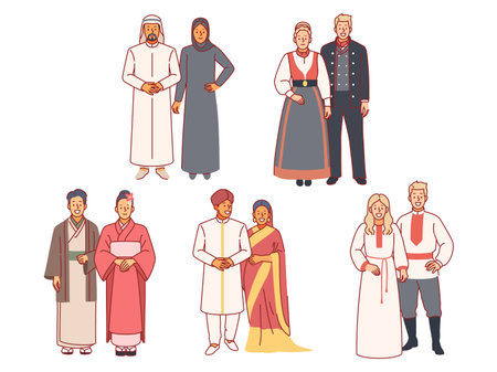Multinational people in folk costumes. Various countries traditional wears, happy men and women dressed in national clothes, asian, indian and arab. Cartoon flat isolated illustration vector setのイラスト素材