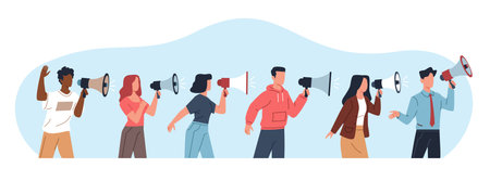 People communicate important and valuable information to each other. Men and women hold loudspeaker. Character shout in megaphone. Promotion symbol. Cartoon flat isolated vector conceptのイラスト素材