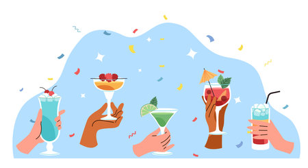 Party with cocktails, hands of people with alcoholic beverages. Cold tropical drinks with ice, alcohol and fruits. Mojito and margarita, lemonade cartoon flat isolated vector conceptのイラスト素材