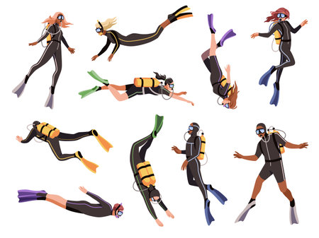 Cartoon flat divers. People with diving equipment, oxygen tanks, underwater masks, snorkels, scuba swimming persons. Men or women sea sport, extreme undersea adventures, tidy vector setのイラスト素材